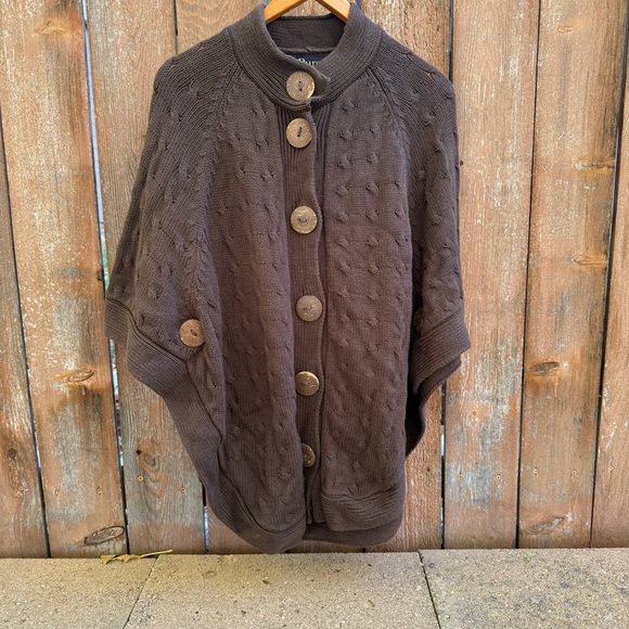 PURE Hand Knit Womens Brown Button Up Poncho Shawl Cotton Size Medium Large - Picture 2 of 10